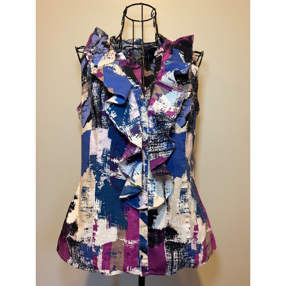 Ann Taylor Womens 6 Abstract Brushstroke Ruffle V-Neck Sleeveless Cotton Blouse